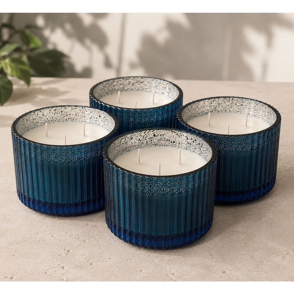 4 Malibu Lagoon Scented Candles 12 oz Triple Wick Blue Mercury Glass